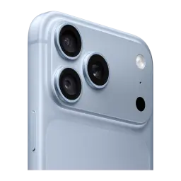 Módulo de câmeras do iPhone 18 Pro Max 256 GB Azul Glacial com três lentes salientes e flash em chassi metálico, acabamento fosco elegante