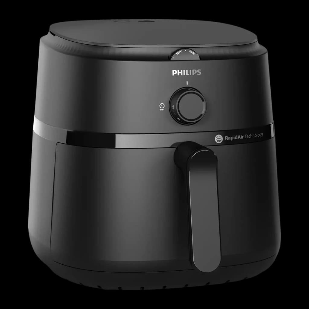 Philips Airfryer Serie 1000 NA130/00 6,2 l negro, vista frontal: mando giratorio, logo RapidAir Technology y cajón cerrado