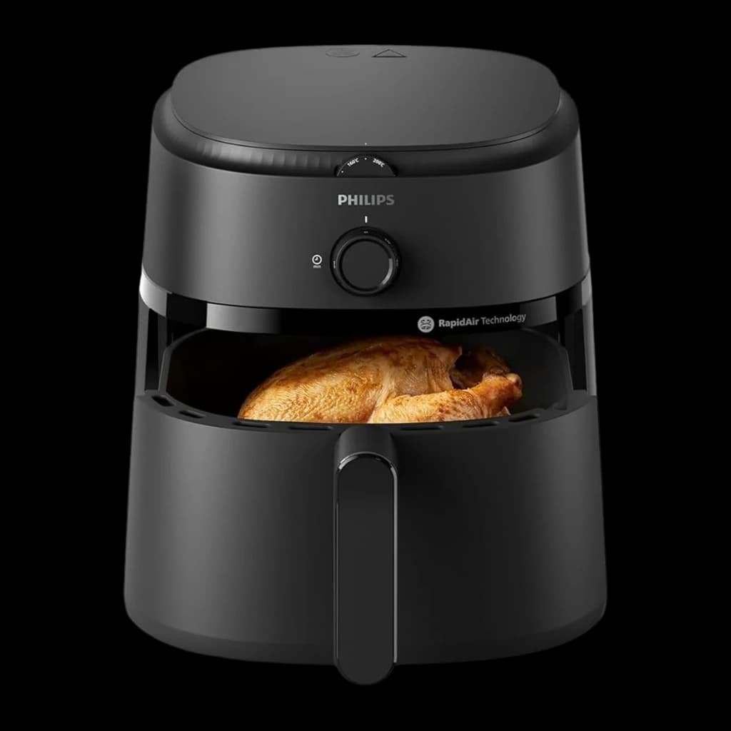 Philips Airfryer Serie 1000 NA130/00 6,2 l negro, vista frontal: cajón abierto mostrando pollo entero asado, ángulo centrado