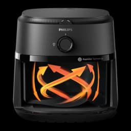 Philips Airfryer Serie 1000 NA130/00 6,2 l Negro, vista frontal: flujo RapidAir Technology con flechas naranjas en cajón