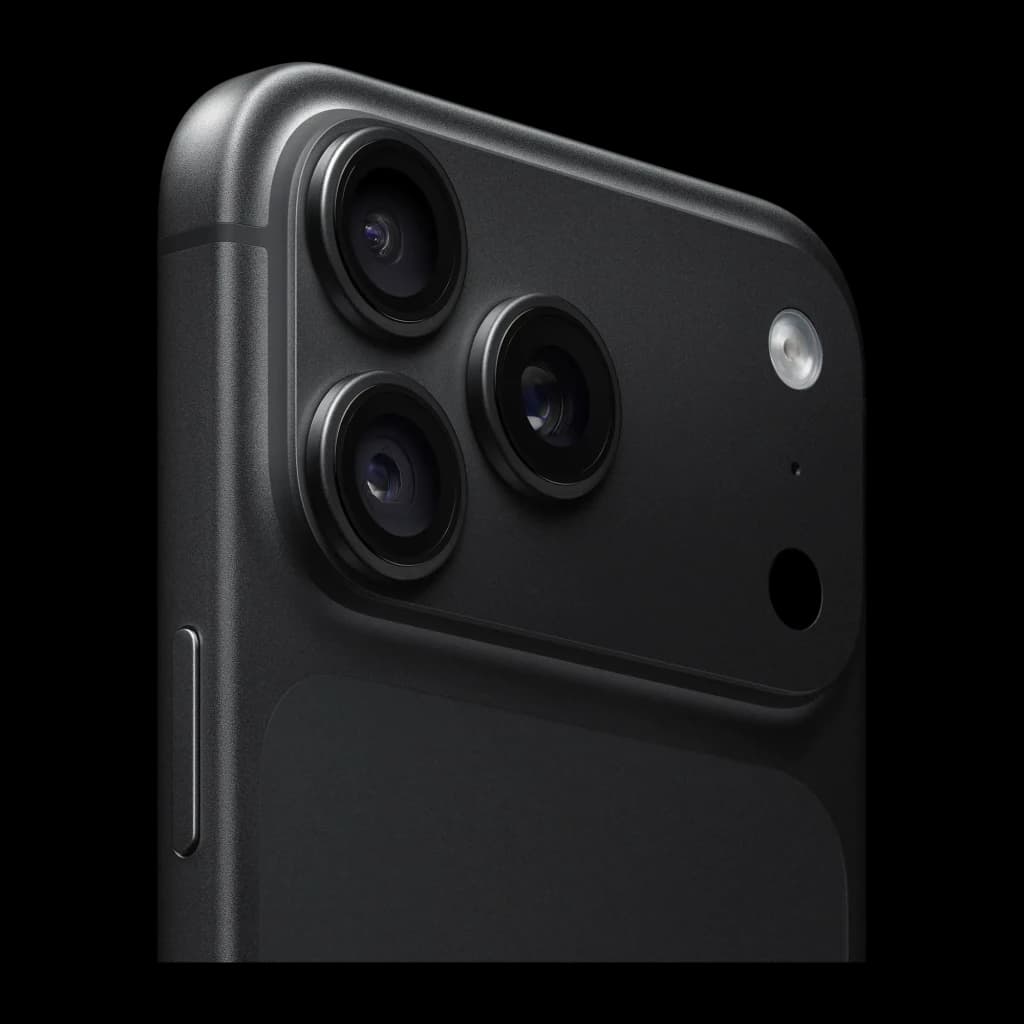 iPhone 18 Pro Max 512GB Negro con módulo de triple cámara trasera en relieve, lentes grandes y flash LED; acabado mate oscuro y bordes curvos elegantes