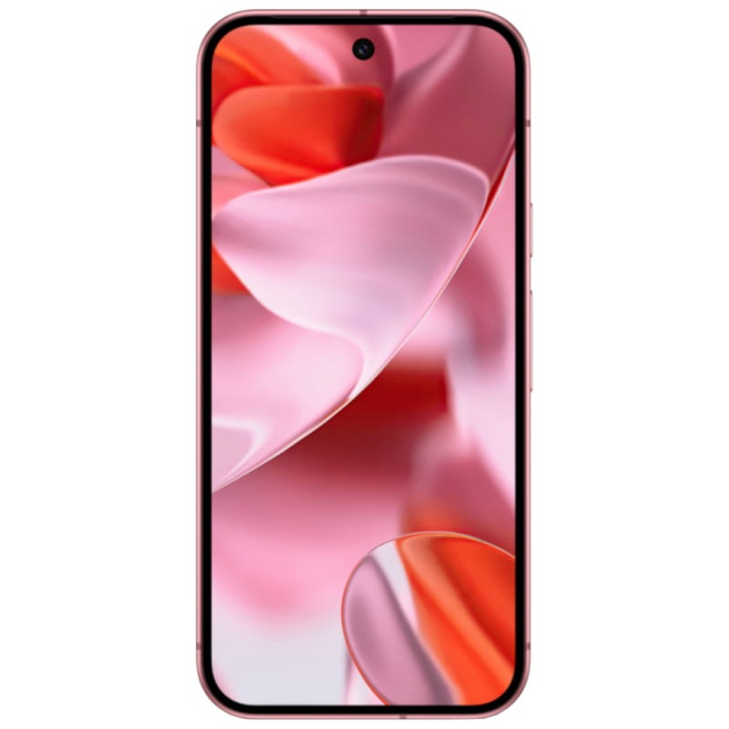 Google Pixel 9 5G 256 Go rose reconditionné excellent état avec écran bord à bord, poinçon central et bords fins, teintes roses élégantes sur laffichage