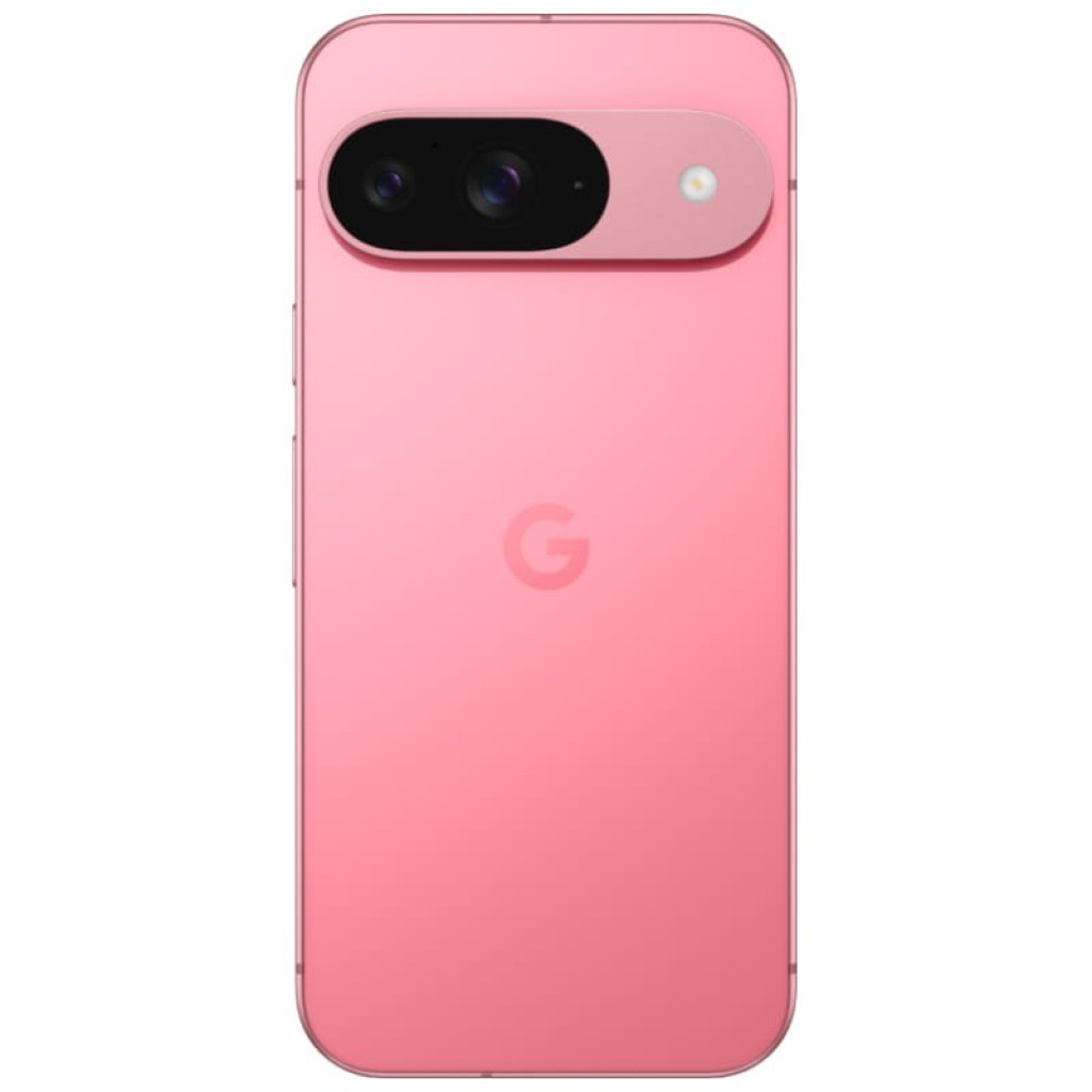 Google Pixel 9 5G 256 Go rose reconditionné excellent état, dos rose mat, module photo horizontal double capteur avec flash, logo G centré
