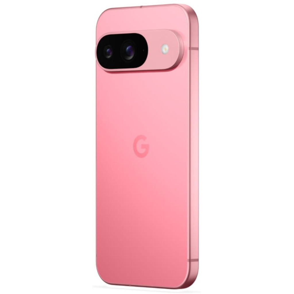 Smartphone rose avec dos mat, module caméra horizontal noir à deux objectifs et flash, logo G centré, bords arrondis, finition reconditionnée excellente