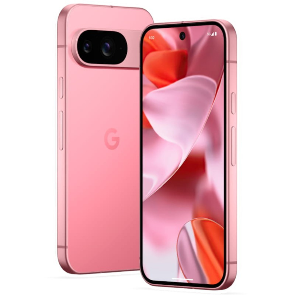 Smartphone rose avec bords plats, double capteur arrière, écran bord à bord avec poinçon central, finition métal soignée. Google Pixel 9 5G 256 Go