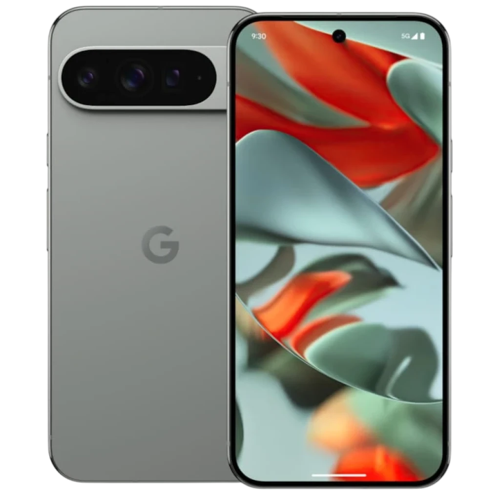 Google Pixel 9 Pro XL 5G verde liquen renovado, estado excelente; pantalla amplia con borde delgado, triple cámara trasera horizontal y acabado mate elegante