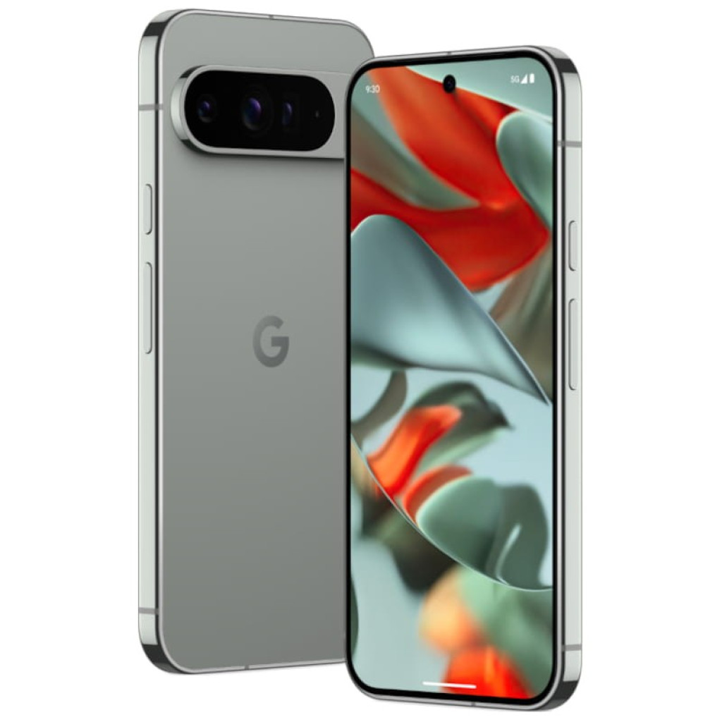 Google Pixel 9 Pro XL 5G Verde Liquen renovado excelente, cuerpo metalizado verde, triple cámara trasera horizontal, pantalla frontal amplia con agujero