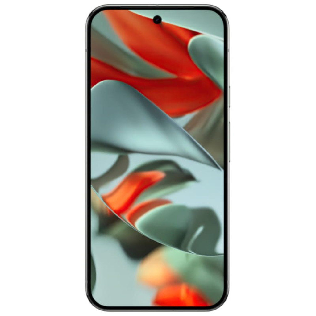 Pantalla del Google Pixel 9 Pro XL 5G Verde Liquen, borde delgado y cámara frontal en orificio central; colores verdes y rojos en fondo abstracto, estado
