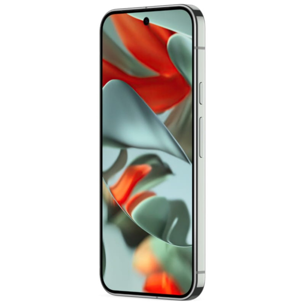 Smartphone verde liquen con pantalla amplia casi sin bordes, cámara frontal en orificio centrado y marco metálico recto con botones laterales discretos