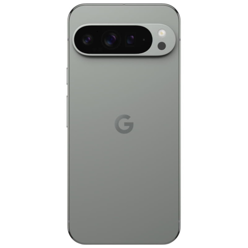 Google Pixel 9 Pro XL 5G Verde Liquen, trasera gris mate con módulo de cámara horizontal triple y flash, acabado premium Renovado Estado Excelente