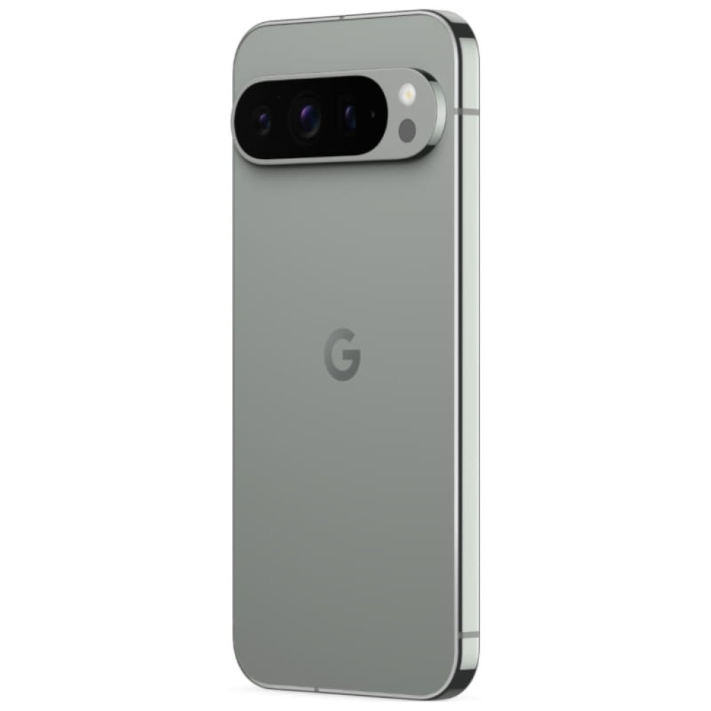 Google Pixel 9 Pro XL 5G verde liquen renovado en excelente estado, trasera mate con logo G y módulo de triple cámara horizontal con flash