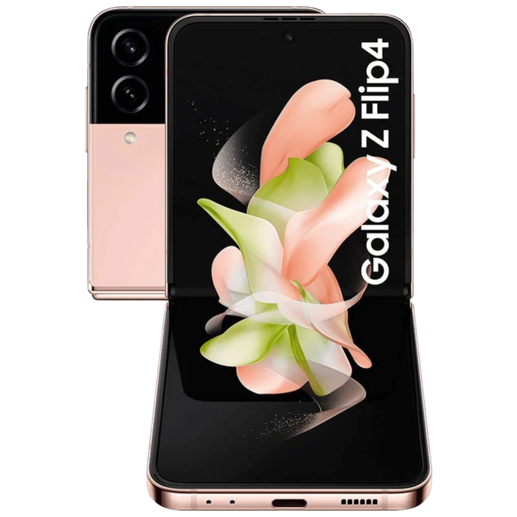 Samsung Galaxy Z Flip4 5G 128GB rosa, usado em bom estado; design dobrável, tela interna ampla, tampa traseira rosa com módulo de câmera dupla preto elegante