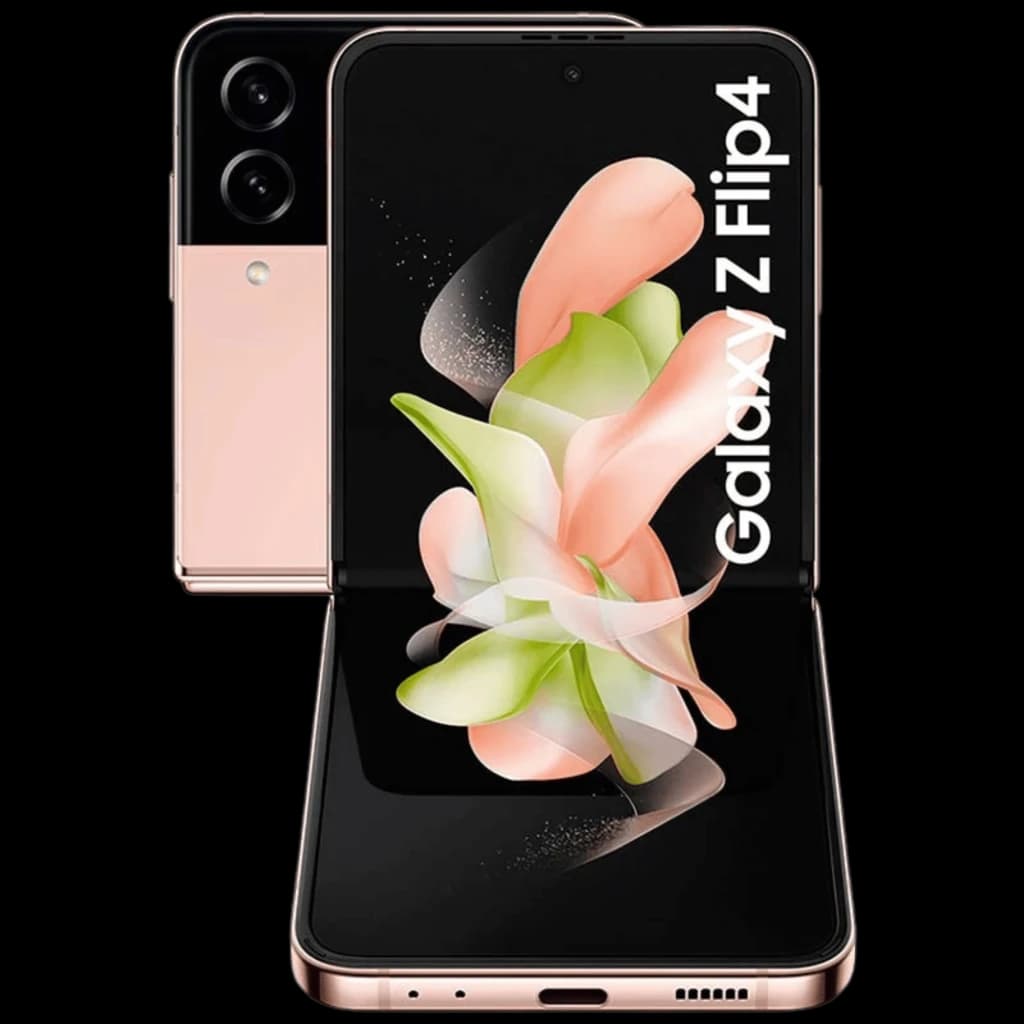 Samsung Galaxy Z Flip4 5G 128GB rosa, usado em bom estado; design dobrável, tela interna ampla, tampa traseira rosa com módulo de câmera dupla preto elegante