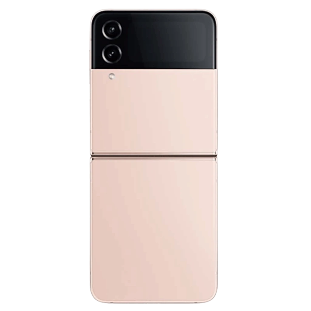 Smartphone dobrável rosa com tampa lisa, módulo preto com tela externa e duas câmeras traseiras alinhadas; dobradiça central visível, acabamento Bom Estado