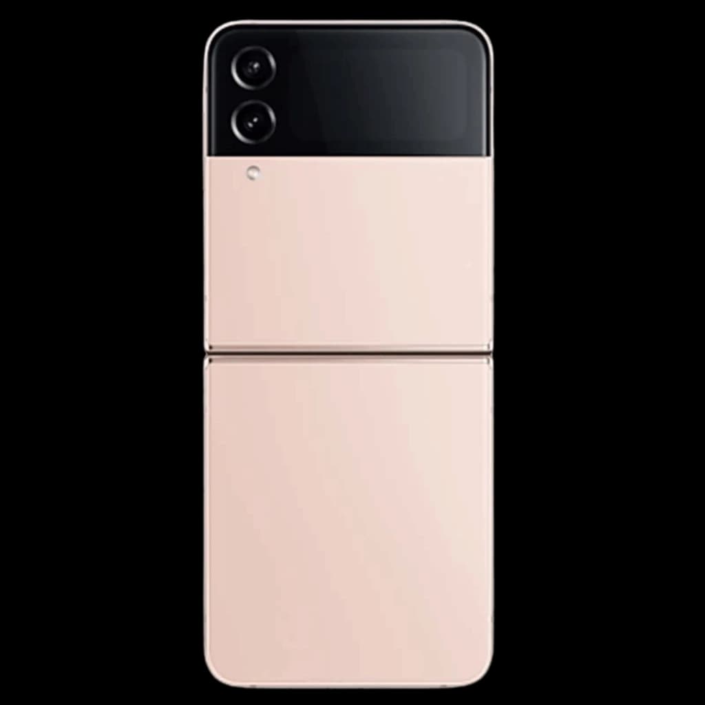 Smartphone dobrável rosa com tampa lisa, módulo preto com tela externa e duas câmeras traseiras alinhadas; dobradiça central visível, acabamento Bom Estado