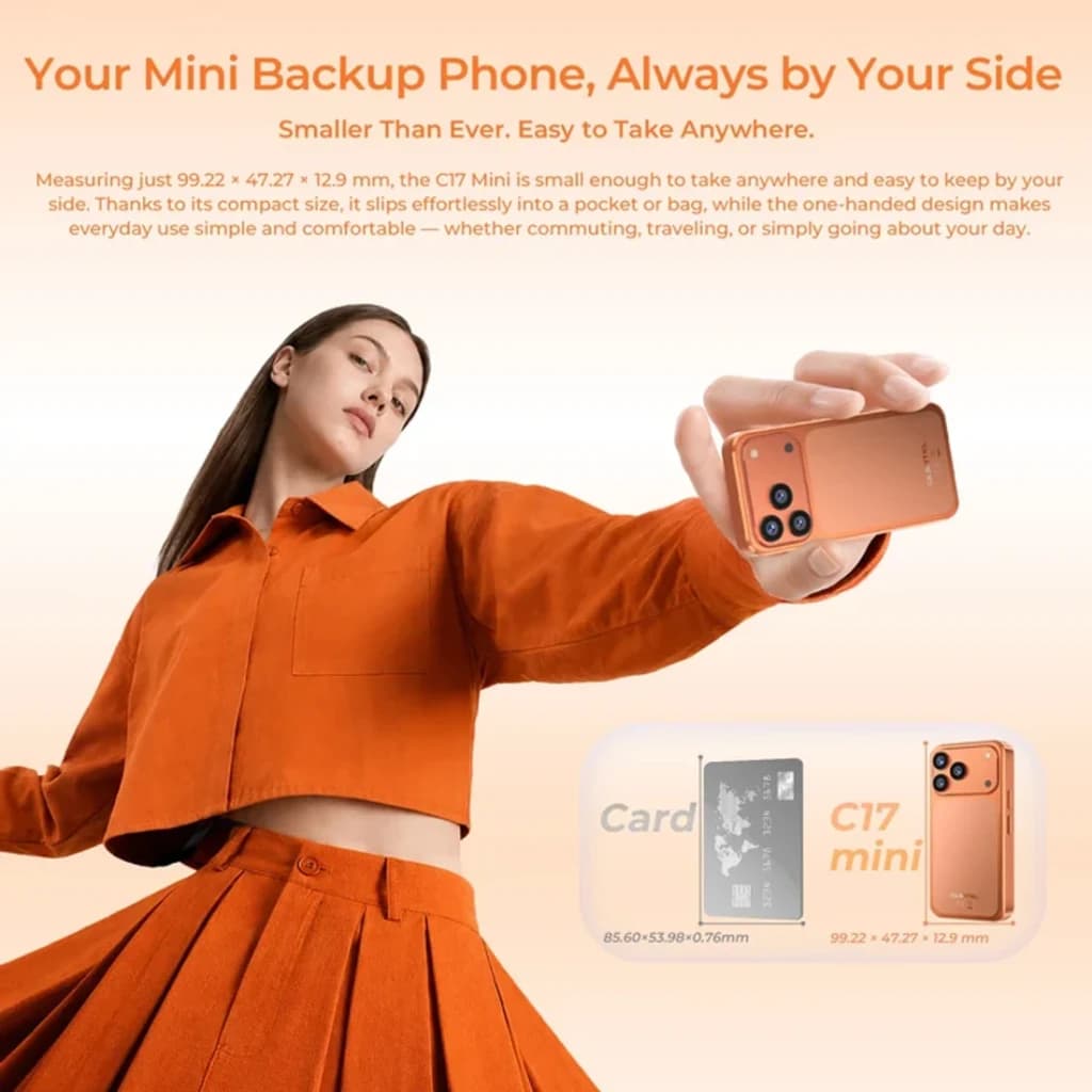 Oukitel C17 Mini 4GB/64GB Laranja compacto, corpo laranja metálico, traseira com três câmeras e flash, tela frontal ampla, design leve para bolso e carteira