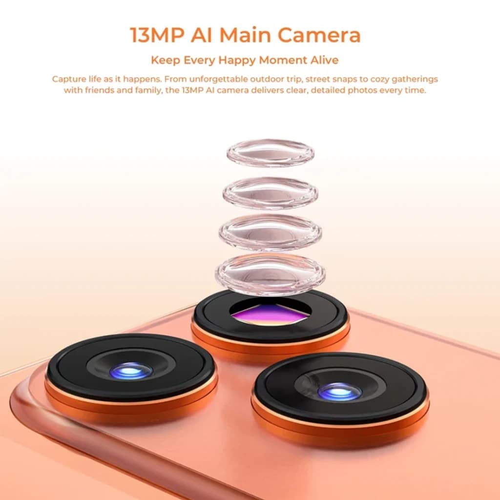 Oukitel C17 Mini 4GB/64GB Laranja com módulo triplo de câmeras, destaque para câmera principal AI 13MP; lentes sobrepostas ilustram qualidade e detalhe