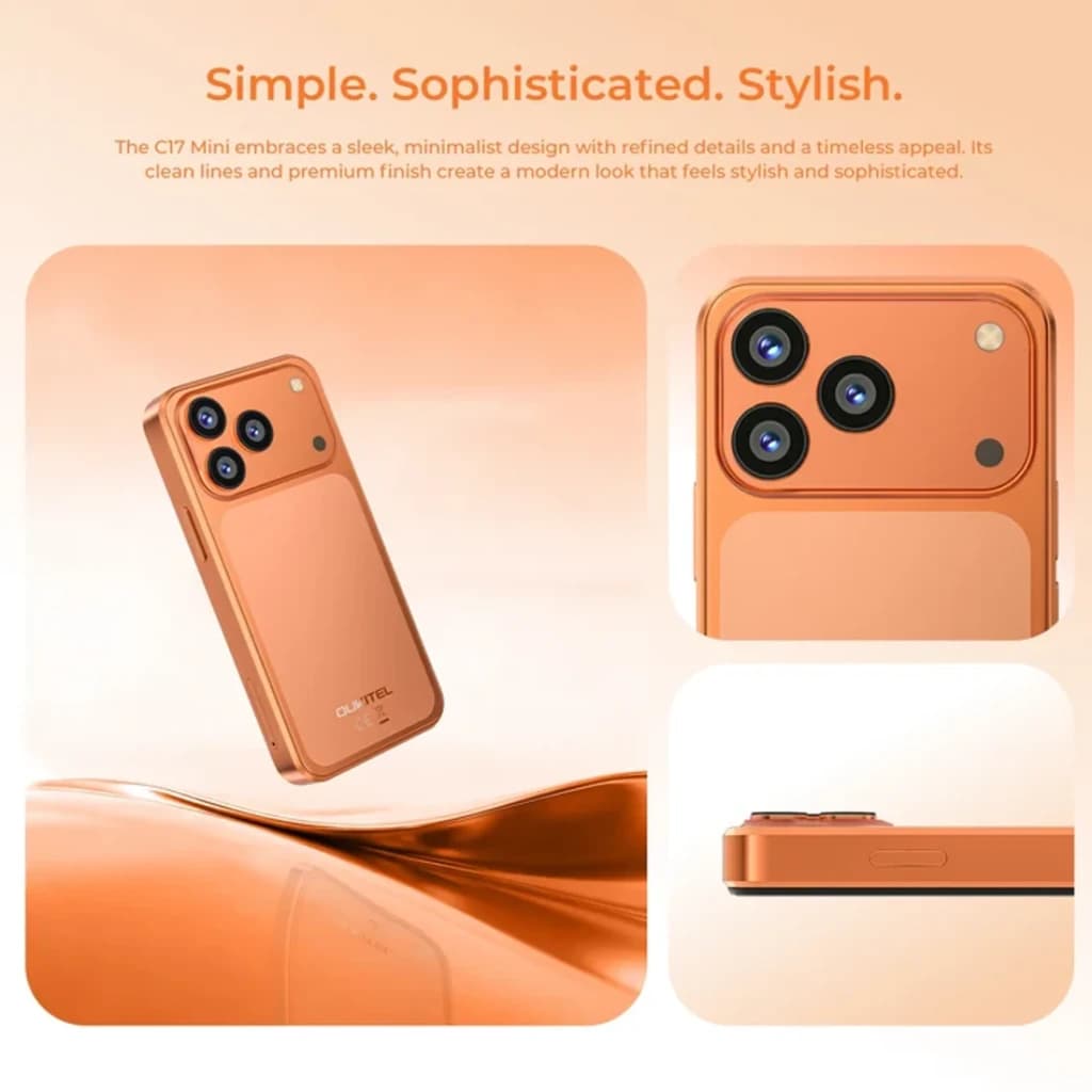 Oukitel C17 Mini 4GB/64GB Laranja com traseira metálica laranja, módulo triplo de câmeras salientes, flash integrado e botões laterais finos