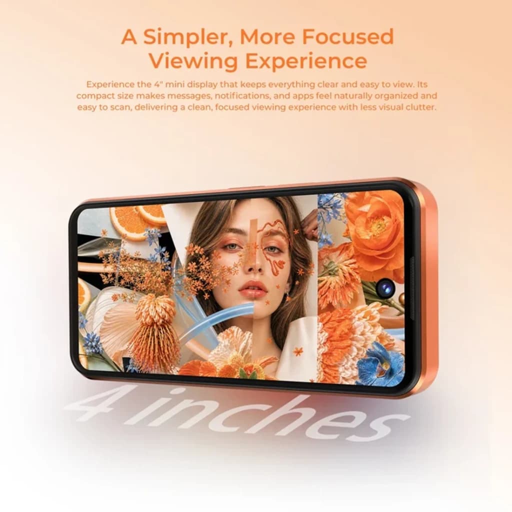 Oukitel C17 Mini 4GB/64GB Laranja com tela de 4 polegadas, bordas finas e câmera traseira única; corpo compacto em tom laranja metálico