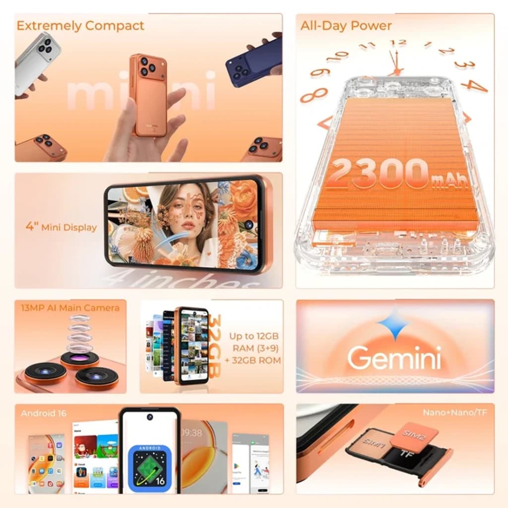 Oukitel C17 Mini 4GB/64GB Laranja com ecrã 4 polegadas, bateria 2300 mAh, câmara 13 MP, Android 16, Nano/TF, design compacto e opção Gemini