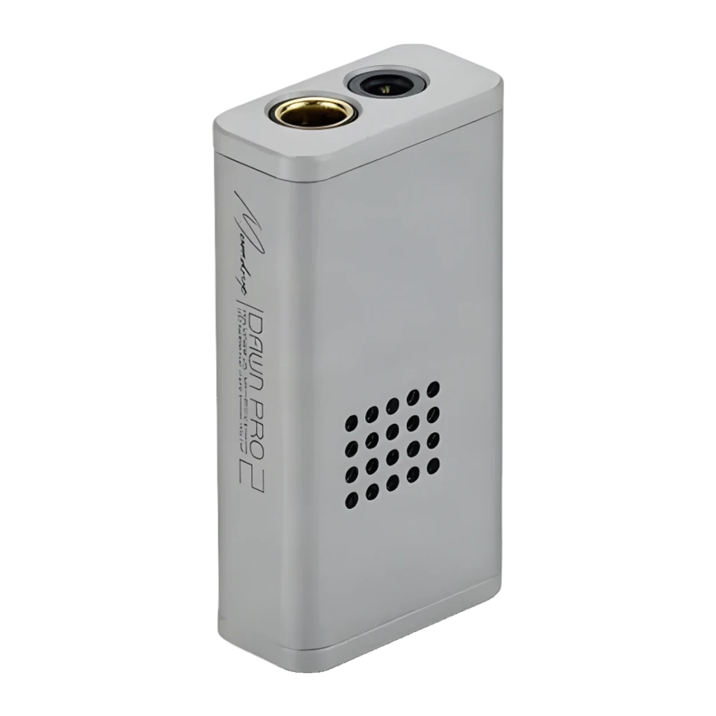 DAC Amplificador Moondrop Dawn Pro 2 DSD256 4,4mm Balanceado Prata, vista em perspectiva: corpo prateado com jack 4,4mm
