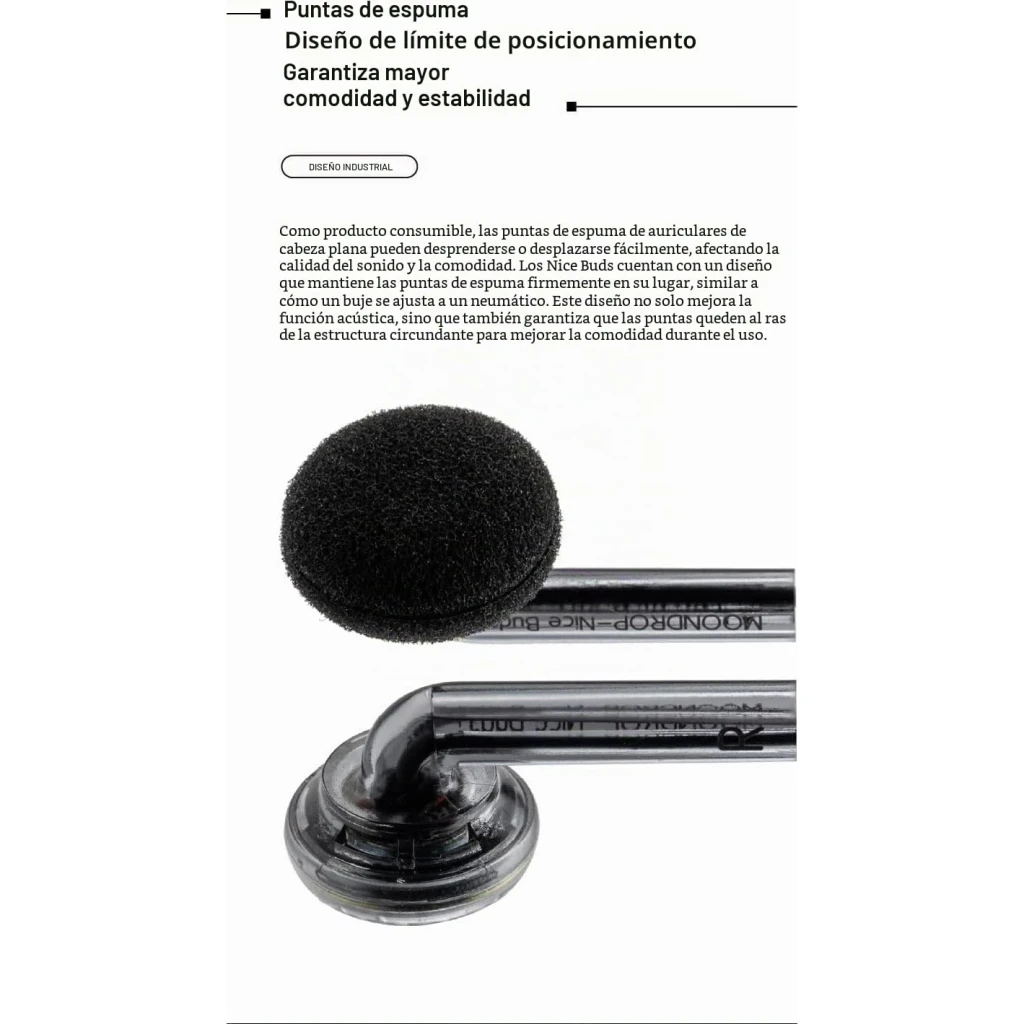 Auriculares Moondrop Nice Buds In-Ear con puntas de espuma negras, diseño tipo earbud, conector jack 3,5 mm y carcasa transparente con detalle metálico