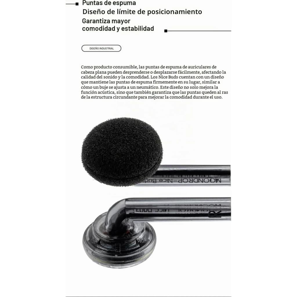 Auriculares Moondrop Nice Buds In-Ear con puntas de espuma negras, diseño tipo earbud, conector jack 3,5 mm y carcasa transparente con detalle metálico