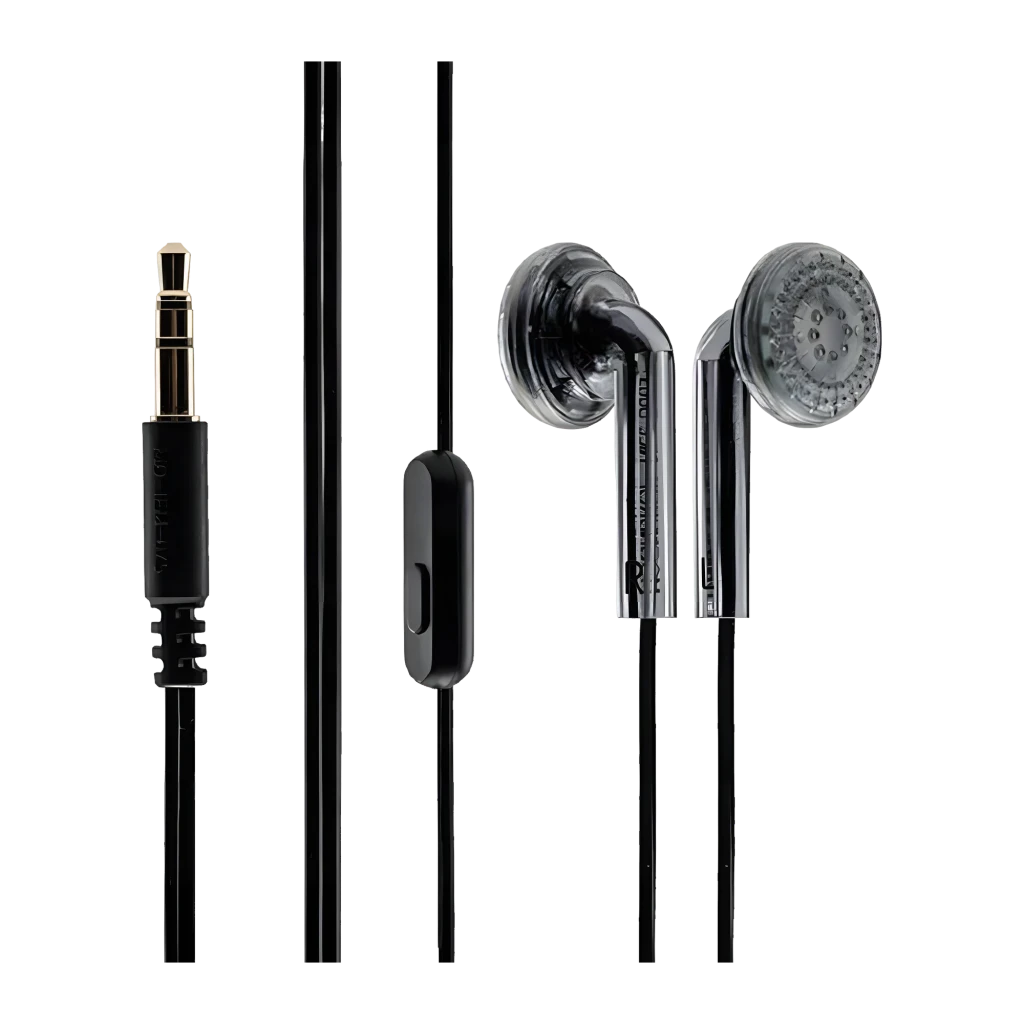 Auriculares Moondrop Nice Buds In-Ear con carcasa transparente, cable negro, micrófono en línea y conector jack 3,5 mm dorado