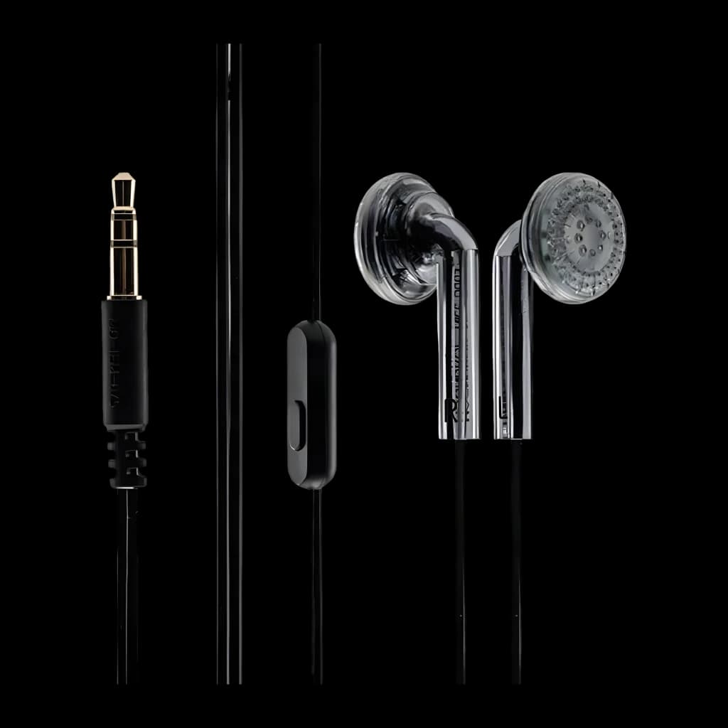Auriculares Moondrop Nice Buds In-Ear con carcasa transparente, cable negro, micrófono en línea y conector jack 3,5 mm dorado