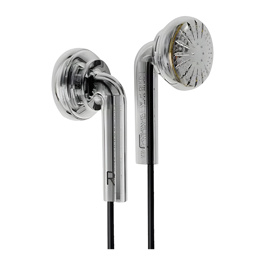Auriculares Moondrop Nice Buds em metal prateado, design clássico tipo earbud, grelha frontal perfurada, conector Jack 3,5 mm e cabo preto fino