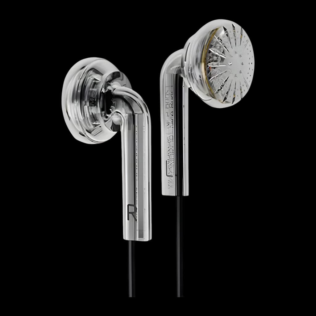 Auriculares Moondrop Nice Buds con carcasa metálica plateada, diseño clásico tipo earbud, rejilla frontal perforada, conector Jack 3,5 mm y cable negro