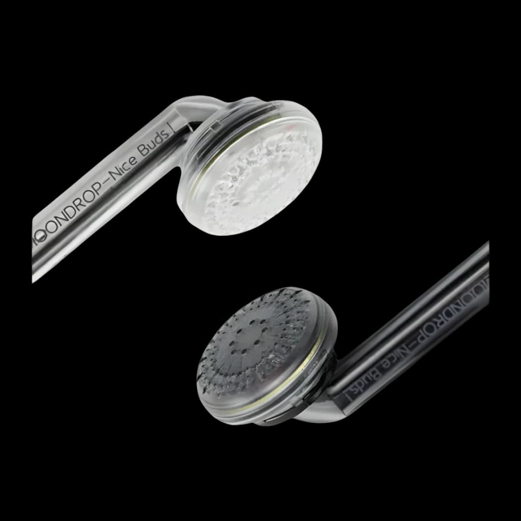 Auriculares Moondrop Nice Buds con cápsulas de 15,4 mm, diseño semiabierto plateado y negro, rejilla perforada, conector jack 3,5 mm y cable 32 Ω