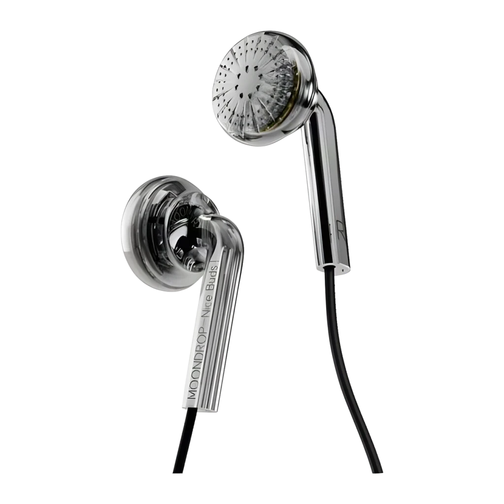 Auriculares Moondrop Nice Buds com acabamento metálico prateado, formato earbud, driver 15,4 mm, conector jack 3,5 mm e cabo preto resistente