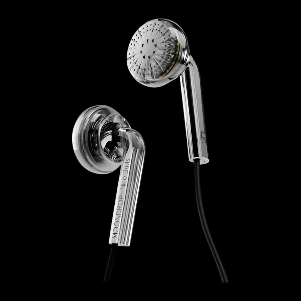 Auriculares Moondrop Nice Buds con acabado metálico pulido, copa ventilada de 15,4 mm, marcaje L R, cable negro y conector jack 3,5 mm, impedancia 32 Ω