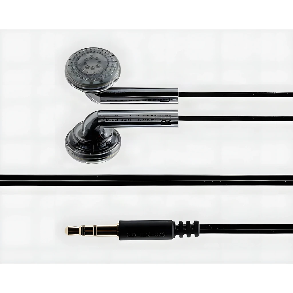Auriculares Moondrop Nice Buds com conchas transparentes, cabo preto fino e conector jack 3,5 mm dourado; driver 15,4 mm e impedância 32 Ω