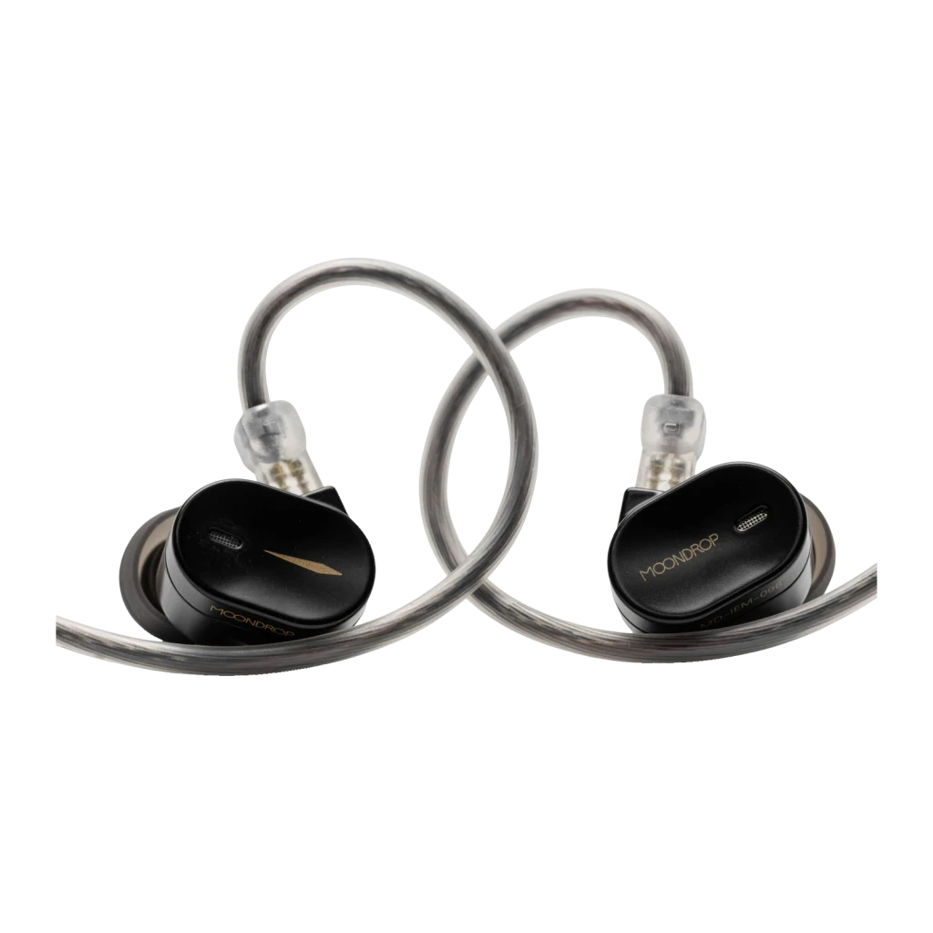 Auriculares Moondrop CHU 3 In-Ear com conchas pretas metálicas, detalhe dourado, cabos transparentes trançados e conector 3,5 mm sem microfone
