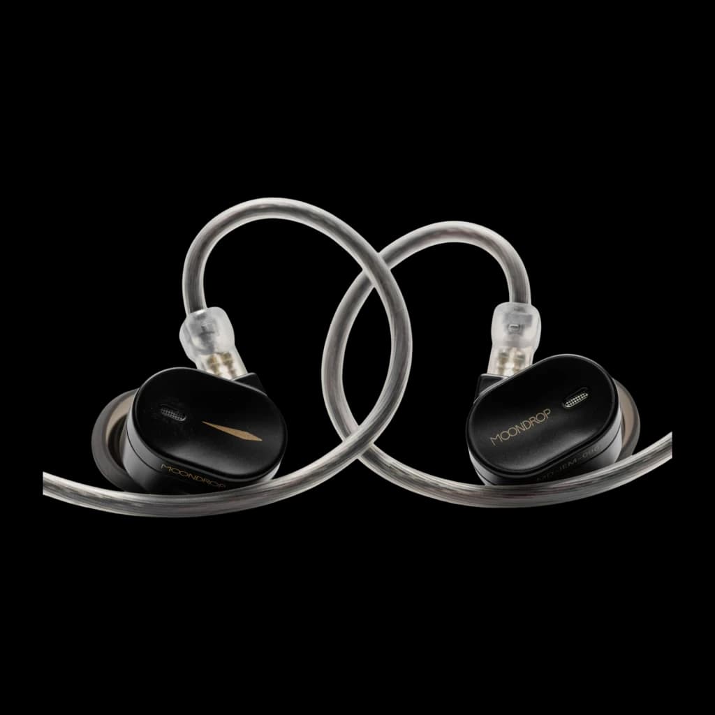 Auriculares Moondrop CHU 3 In-Ear com conchas pretas metálicas, detalhe dourado, cabos transparentes trançados e conector 3,5 mm sem microfone