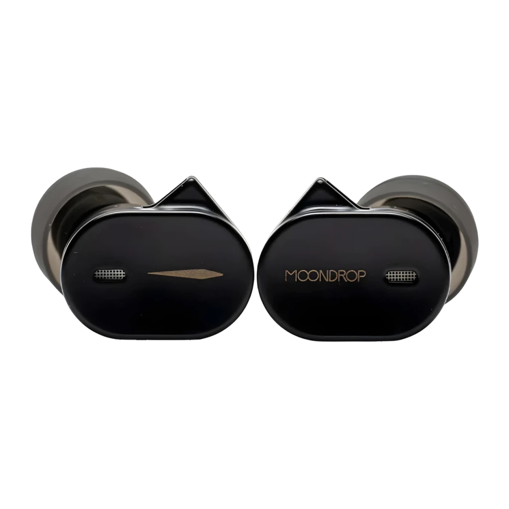 Auriculares Moondrop CHU 3 In-Ear Jack 3,5mm Without mic com carcaça preta brilhante, detalhe dourado, formato ergonômico e bicos de silicone cinza