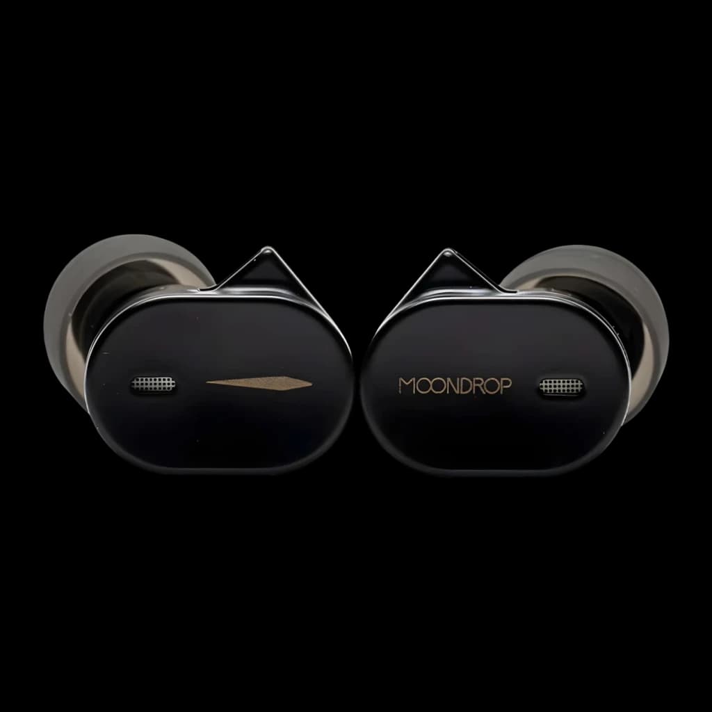 Auriculares Moondrop CHU 3 In-Ear Jack 3,5mm Without mic com carcaça preta brilhante, detalhe dourado, formato ergonômico e bicos de silicone cinza