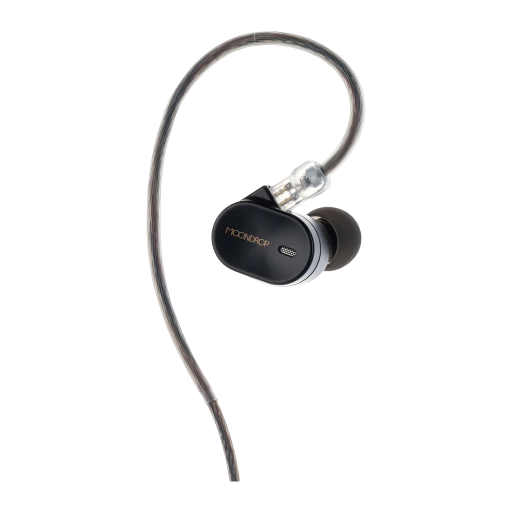 Auriculares Moondrop CHU 3 In‑Ear com shell preto fosco, conector transparente e cabo over‑ear flexível; ponta de silicone e detalhe dourado discreto