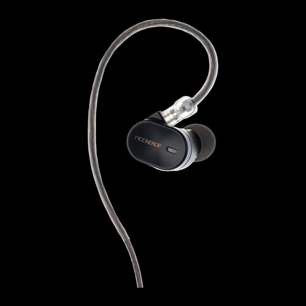 Auriculares Moondrop CHU 3 In‑Ear com shell preto fosco, conector transparente e cabo over‑ear flexível; ponta de silicone e detalhe dourado discreto