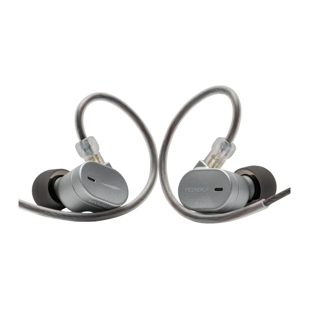 Auriculares IEM Moondrop CHU 3 In-Ear com conchas metálicas cinza, cabos transparentes destacáveis e ponta de 3,5 mm, versão sem microfone