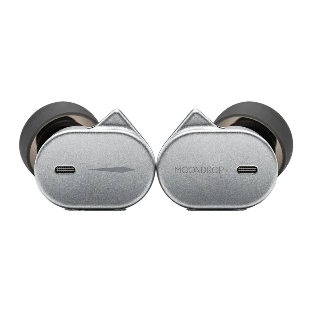 Auriculares IEM Moondrop CHU 3 In-Ear, cápsulas metálicas prateadas com ponteiras de silicone, conector 3,5 mm, design compacto sem microfone