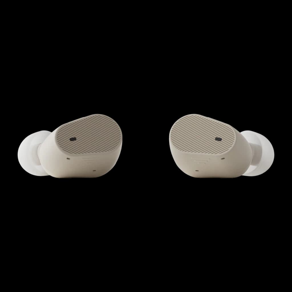 Écouteurs Moondrop Pudding RT-Adaptive ANC TWS, gris, coques ovales texturées striées, embouts silicone blancs, design compact intra-auriculaire moderne