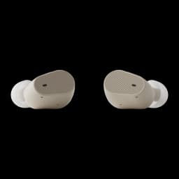 Écouteurs Moondrop Pudding RT-Adaptive ANC TWS, gris, coques ovales texturées striées, embouts silicone blancs, design compact intra-auriculaire moderne