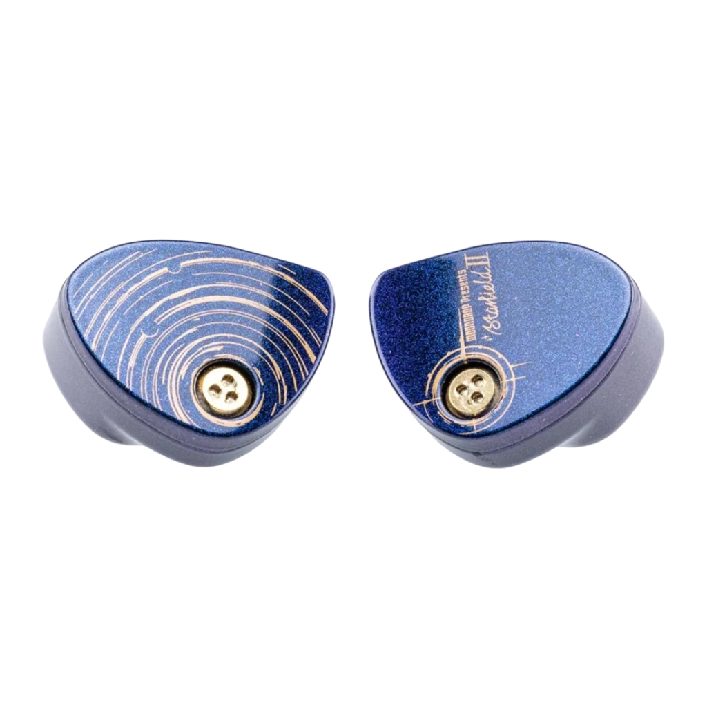 Auriculares Moondrop Starfield 2 In-Ear com Cabo, vista frontal: carcaça azul metálica com gravação orbital dourada