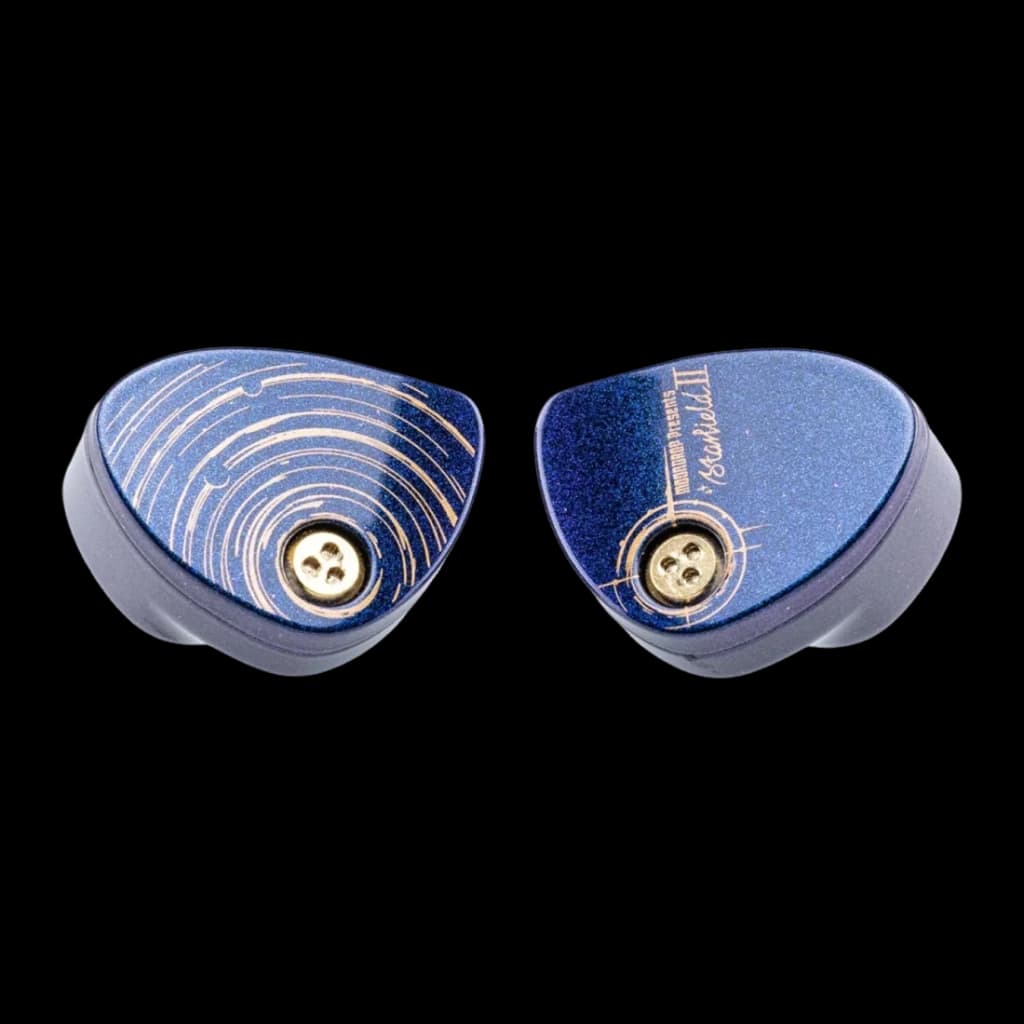 Auriculares Moondrop Starfield 2 In-Ear com Cabo, vista frontal: carcaça azul metálica com gravação orbital dourada