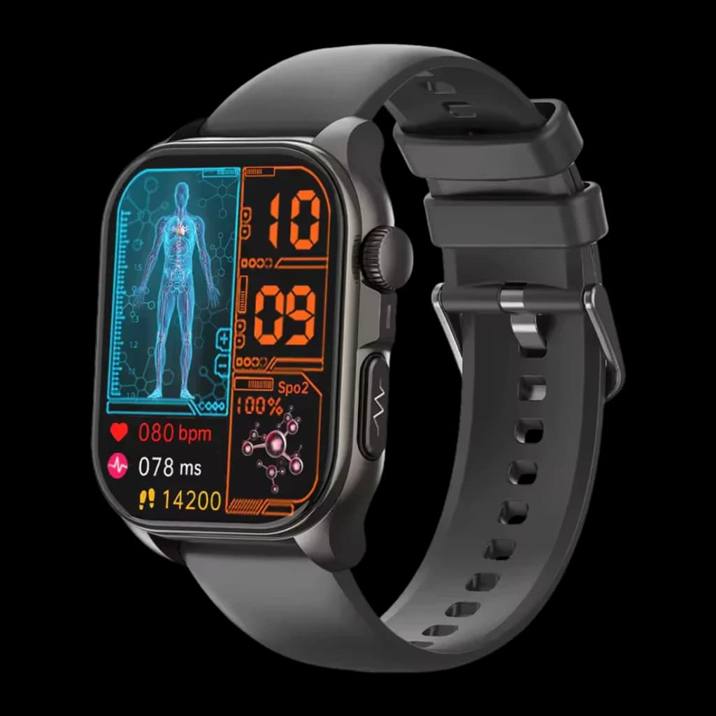 Blackview R70 Preto com tela retangular colorida, botão lateral duplo e pulseira de silicone; mostrador exibe frequência cardíaca, SpO2 e passos