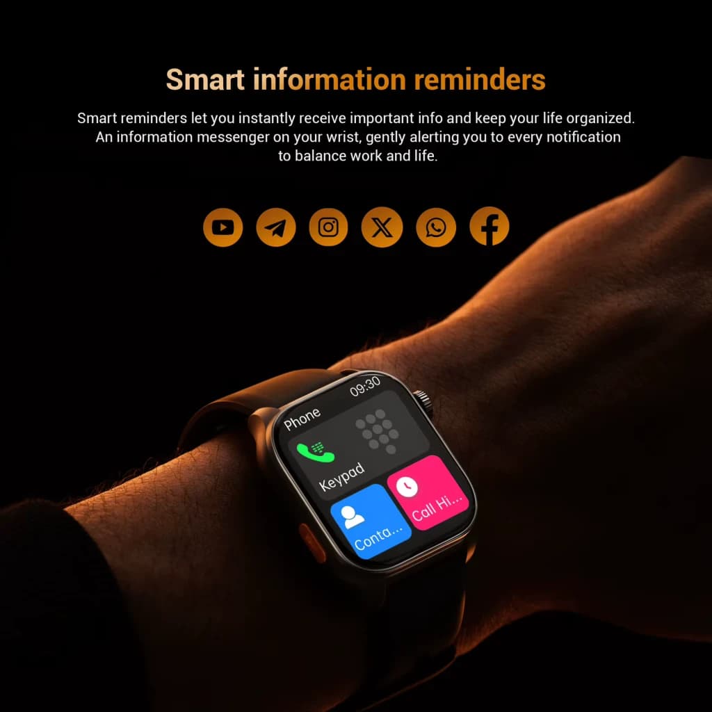 Blackview R70 Preto com tela colorida retangular, pulseira esportiva e ícones de chamadas Bluetooth; mostrador com contatos, teclado e notificações