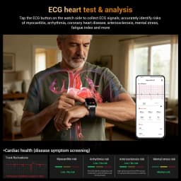 Blackview R70 Preto com tela colorida, mostrador de ECG e gráficos no app; pulseira esportiva, corpo metálico, botões laterais e interface de saúde